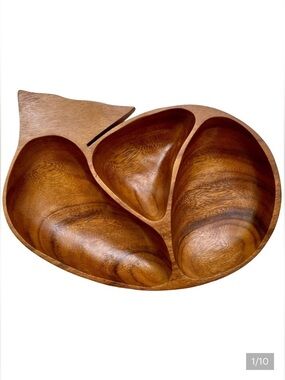 Vintage MCM Monkey Pod Whale Divided Bowl Tray Platter EUC Tiki Hand Made